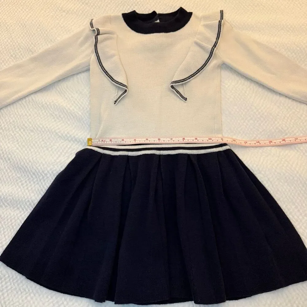 Hope & Henry | Ivory Navy Knit Dress | Ruffle Trim and Mock Neck | Girls 5